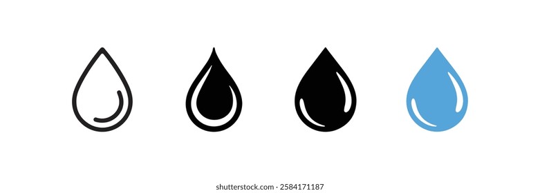 Collection of water drop icons in black and blue perfect for branding packaging eco-friendly designs and water-related themes in vector format
