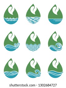 collection of water drop icons with leaf isolated on white background