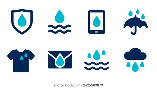 Collection of Water Drop Icons Waterproof, Protection, Weather, and More