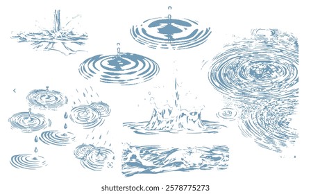 A Collection of Water Drop Illustrations Showing Various Forms, Raindrops, Splashes, and Ripples, in a Stylized Blue and White Palette