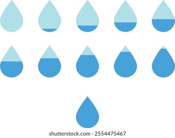 Collection of water droplet icons arranged in three rows, with increasing blue fill from left to right, representing liquid measurement or filling process.