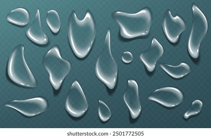 Collection of water drops on colored background. Transparent raindrops on glass. Use for simulated background, collage, video, print, icons in web design