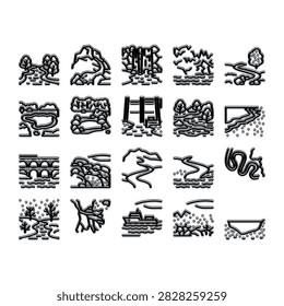 Collection of water features icons, including streams, rivers, waterfalls, lakes, dams, wetlands, and bridges, useful for geographic, environmental, or travel related design concepts