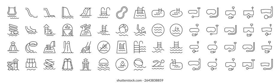 Collection of Water Park, Aquapark, Swimming Pool, Diving Related Line Icons. Outline Signs for Graphic and Web Design, Apps, Adverts, Various Cards 