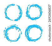Collection of water splash circular frame illustrations. Light blue. Modern graphic element