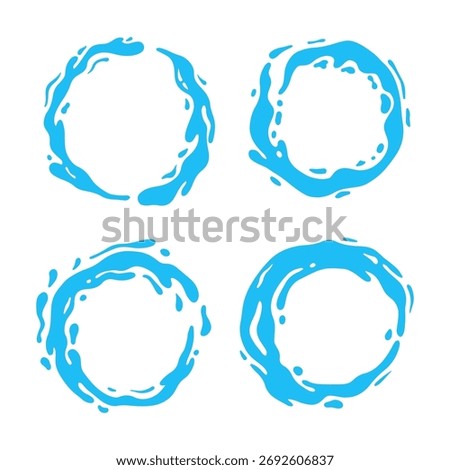 Collection of water splash circular frame illustrations. Light blue. Modern graphic element