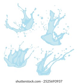 Collection of water splash icons with splashes of blue color on the surface. Vector icons of flowing drop, wave, splash, splash of nature isolated on white background. Dripping liquid. Water spill.