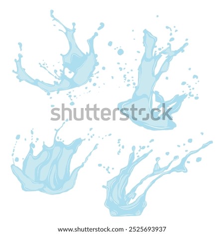 Collection of water splash icons with splashes of blue color on the surface. Vector icons of flowing drop, wave, splash, splash of nature isolated on white background. Dripping liquid. Water spill.