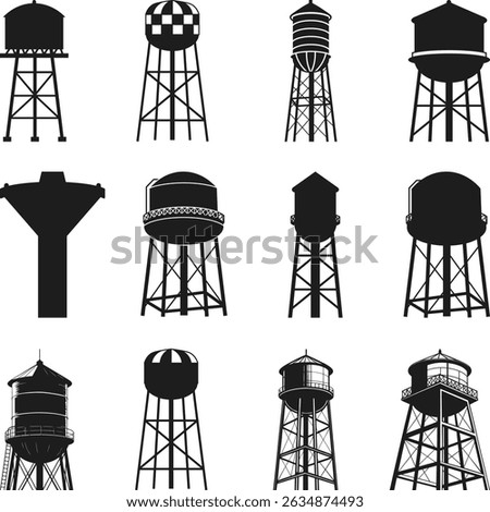 Collection of Water Tower Silhouettes Set, Water tower, Water tower Silhouette Vector Art,