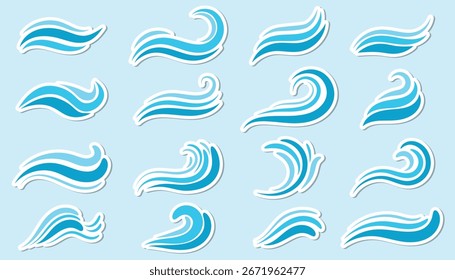 Colección de pegatinas de ondas de agua en estilo de dibujos animados planos. Elementos decorativos del océano y del mar para el verano y la playa, temas marinos y proyectos digitales, scrapbooking y arte de los niños.