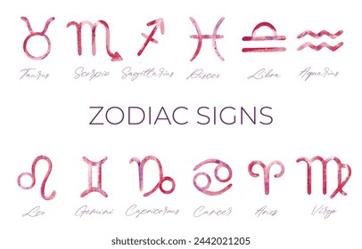 Collection of watercolor astrology signs. Set of hand drawn watercolor brush zodiac signs.