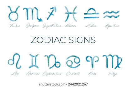 Collection of watercolor astrology signs. Set of hand drawn watercolor brush zodiac signs.