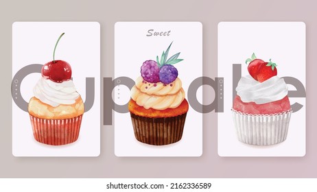 Collection of watercolor berry cupcake vector design great for cards, banners, headers, party posters or decorate your artwork.