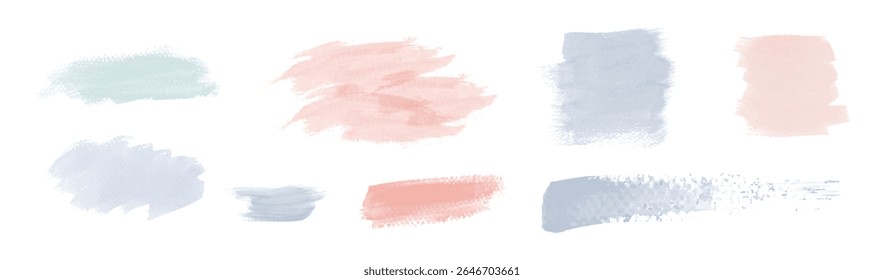 Collection of watercolor brush strokes in pastel shades. Soft brush strokes in pink, blue, and green. Artistic brush strokes for creative designs. Creative brush strokes, vector set.