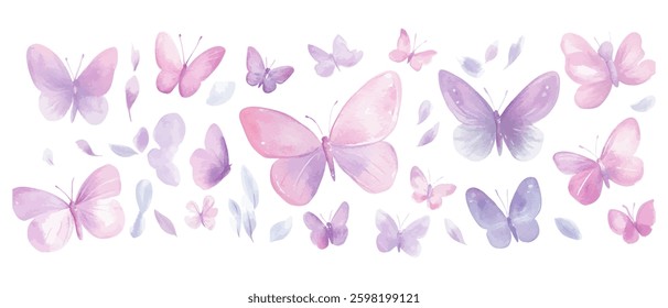 A collection of watercolor butterflies in pink and purple shades with delicate wings and soft brush strokes. Perfect for artistic and nature inspired designs