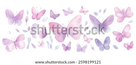A collection of watercolor butterflies in pink and purple shades with delicate wings and soft brush strokes. Perfect for artistic and nature inspired designs