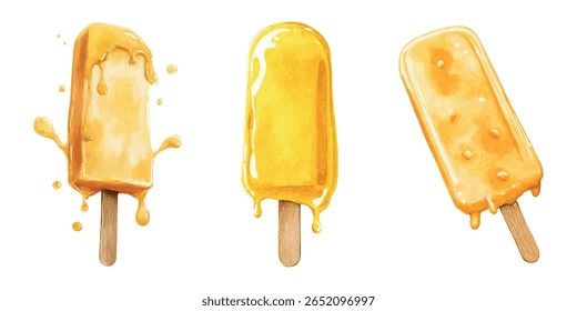 Collection of watercolor caramel ice cream on a stick png. Yellow ice cream melting on a wooden stick. Frozen summer sweets. Summer cold dessert. Vector illustration.
