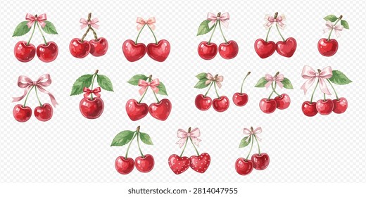 A collection of watercolor cherry illustrations, some adorned with decorative bows, showcasing various styles and arrangements.