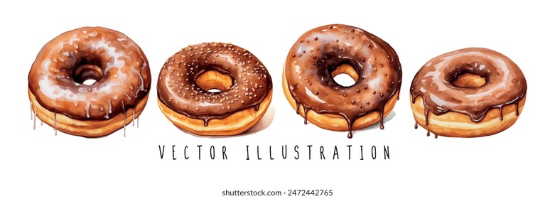 Collection of watercolor chocolate donuts glazed isolated on white background vector illustration design.	