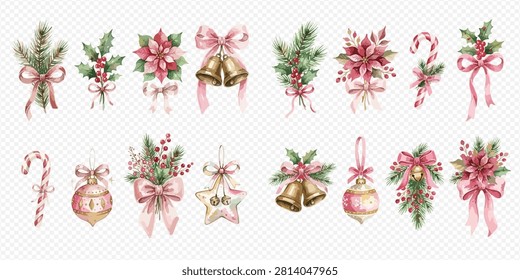 Una colección de Elementos de Navidades de acuarela, con acebo festivo, poinsettias, ramas de pino, bastones de caramelo, campanas y adornos, todos adornados con elegantes lazos rosados.
