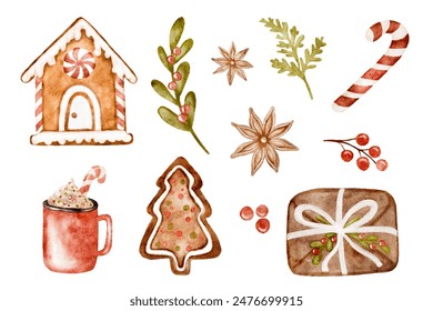 Collection of watercolor Christmas elements, set of Christmas decoration cut out from background