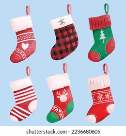 Collection of watercolor christmas stockings Editable Free Vector Image