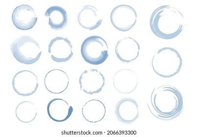 Collection of Watercolor circle, rings, dots from the bottom cup- real water paint on white paper in many strokes and technique of a brush. Abstract Hand Paint Spots on Paper.