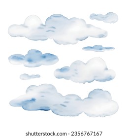 Collection of watercolor clouds on a white background isolated on white
