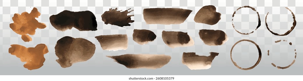 Collection of watercolor coffee stains and splashes on a transparent background. Various shapes and shades of brown. Artistic coffee-themed design elements. Element vector set.