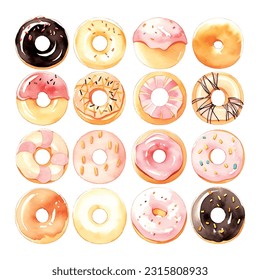 Colección de acuarelas coloridas donuts ilustraciones acristaladas