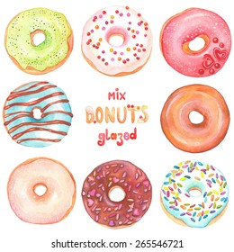 Collection of watercolor colorful donuts glazed.