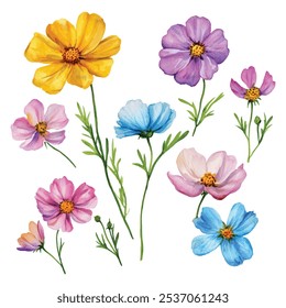 A collection of watercolor cosmos flowers in vibrant shades of yellow, purple, pink, and blue, each with delicate green stems and leaves, isolated on a white background.
