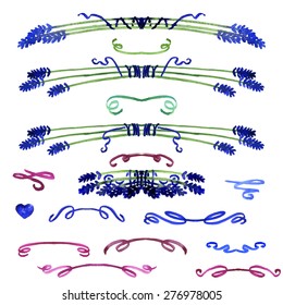 Collection of watercolor design elements: lavender and ribbons