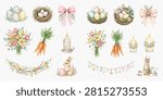 A collection of watercolor Easter elements including eggs, nests, bunnies, flowers, carrots, candles, and bows, perfect for holiday designs.