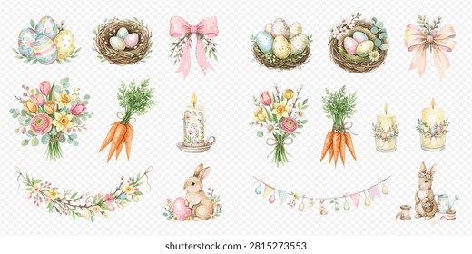 A collection of watercolor Easter elements including eggs, nests, bunnies, flowers, carrots, candles, and bows, perfect for holiday designs.