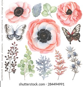Collection of watercolor floral branches, flowers and butterflies in vintage style.