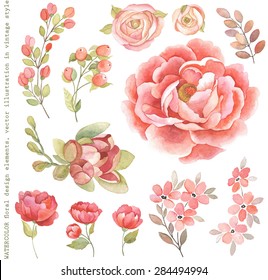 Collection of watercolor floral branches, flowers and plants in vintage style.