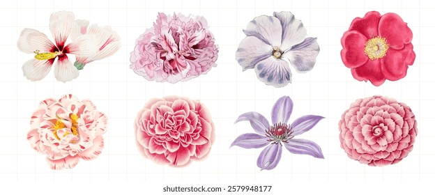 A collection of watercolor flowers, featuring hibiscus, peony, and camellia. Delicate floral designs in pink, purple, and red hues. Watercolor flowers for art. Spring flower illustrations, vector set.