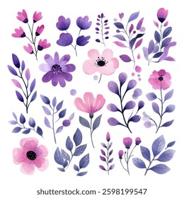 A collection of watercolor flowers and leaves in pink and purple shades featuring delicate hand painted botanical elements. Perfect for invitations and decorations