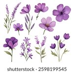 A collection of watercolor flowers in various shades of purple with green leaves and botanical elements. Perfect for invitations greeting cards and floral designs