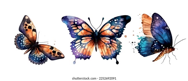 Collection watercolor of flying butterflies watercolor set