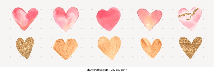 A collection of watercolor and glitter hearts in pink and gold. Various heart designs, including watercolor hearts and glitter hearts, arranged in a row. Valentine illustrations, isolated vector set.