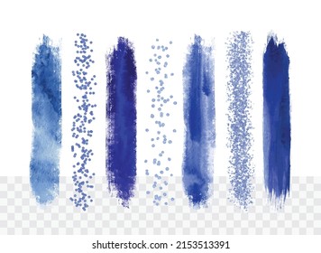 Collection of watercolor and glittering paint strokes in indigo blue colors. Vector brush stroke