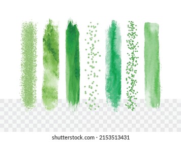 Collection of watercolor and glittering paint strokes in lime green colors. Vector brush stroke