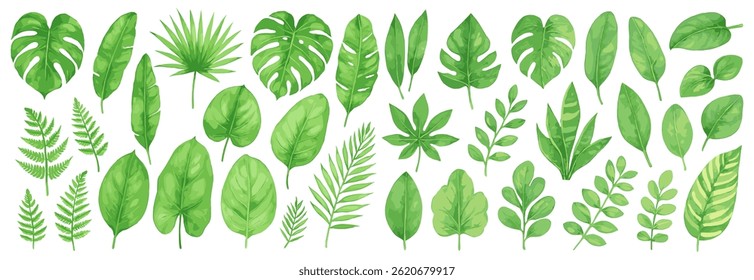 Collection of watercolor green leaves, a fresh assortment of various botanical elements, hand painted artistic illustration