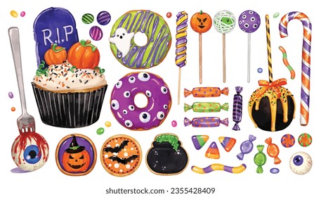 collection of Watercolor Halloween sweets and food isolated elements. trick and treat candies, spooky desserts cupcakes, donuts lollipops and candy cane
