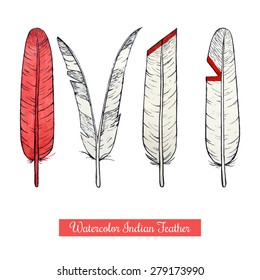 Collection of watercolor hand draw native american war feathers