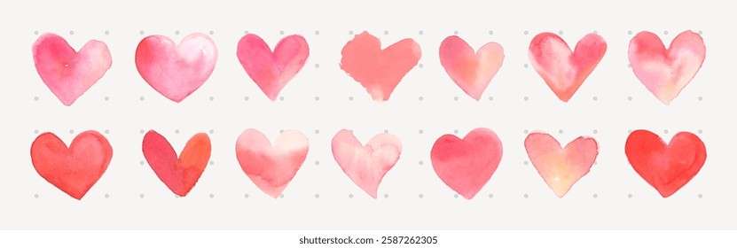 A collection of watercolor hearts in shades of pink and red, arranged in rows. The hearts vary in shape and color, creating a charming and artistic pattern. Valentine illustrations, isolated vectors.