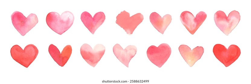 A collection of watercolor hearts in shades of pink and red, arranged in two rows. Each heart has a unique texture and shape, creating a charming pattern. Valentine illustrations, isolated vector set.