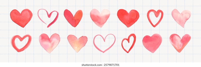 A collection of watercolor hearts in shades of red and pink, arranged in a grid pattern. Each heart has a unique design and texture, creating a charming display. Valentine illustrations, vector set.